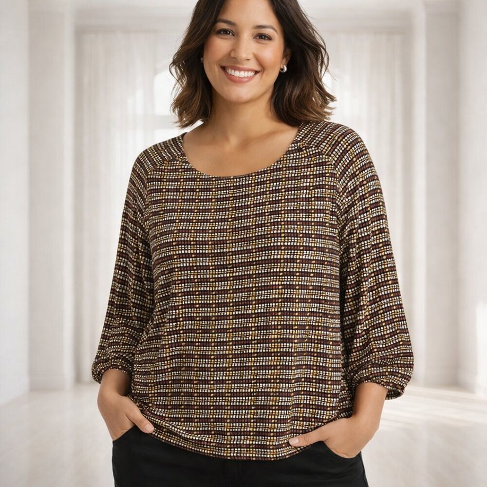 Adrianna Papell Geometric Print Blouse Large | Retro Modern Stretch Top Abstract